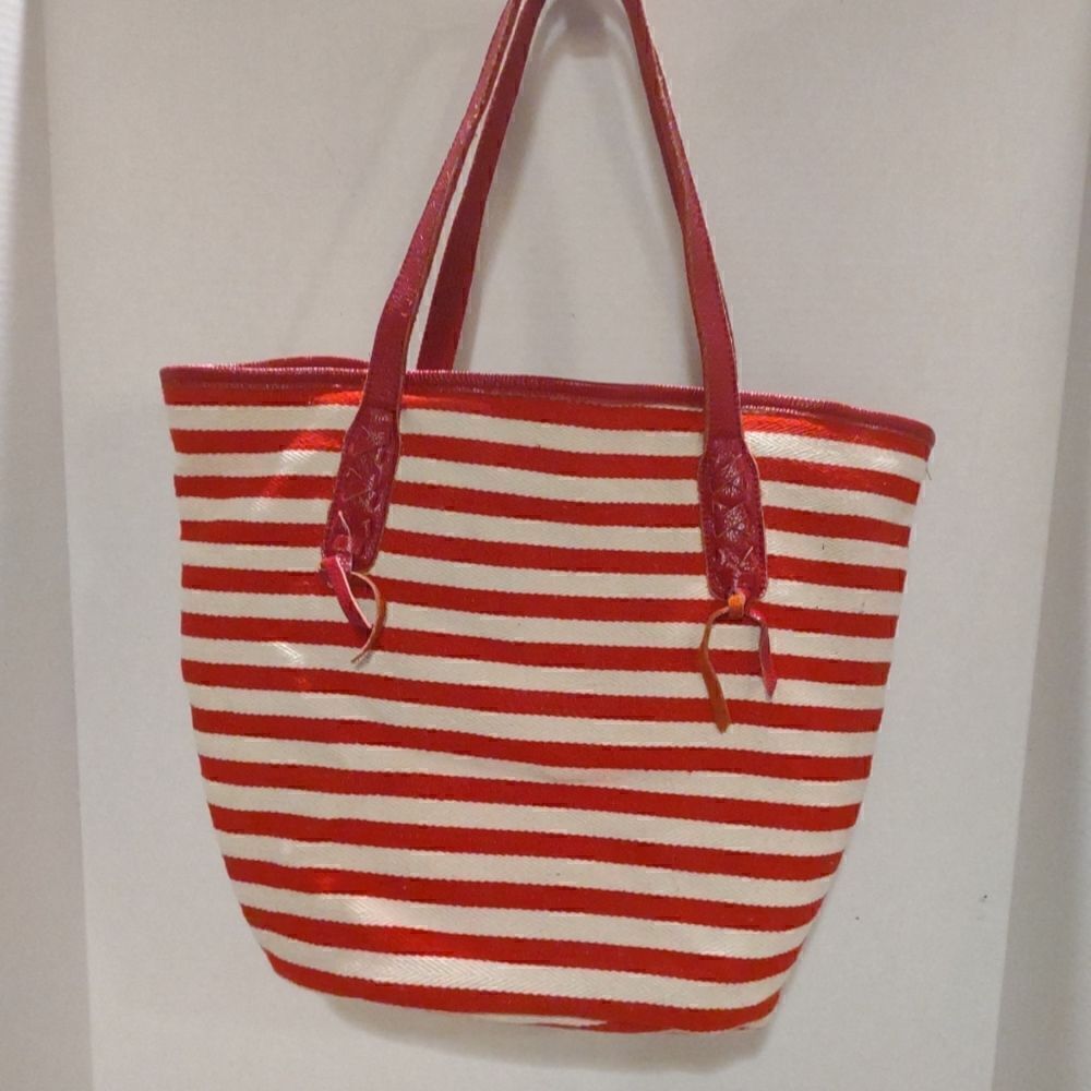 Massi Red and Beige Cotton Tote Bag with Leather Straps